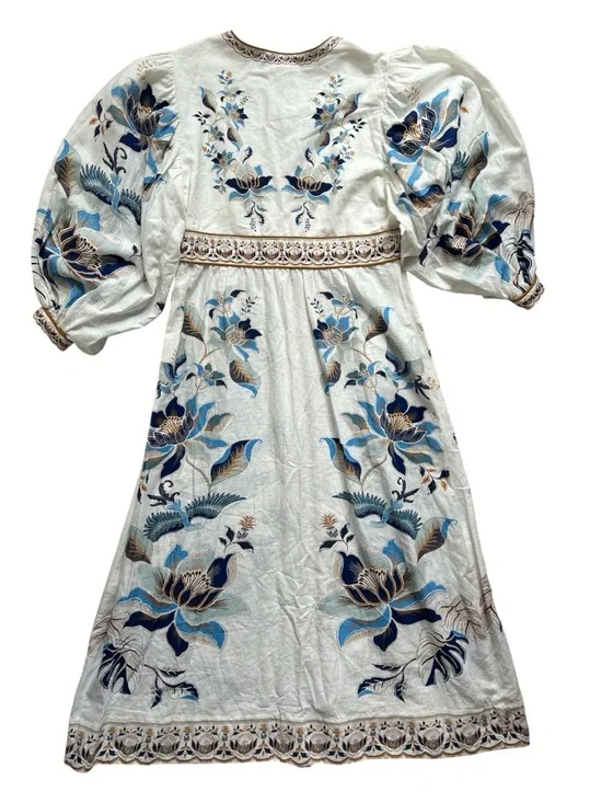 FARM Rio Mystic Blue Lotus Dreamscape Linen Blend L/S Maxi Dress NWT Size XL - Picture 6 of 11